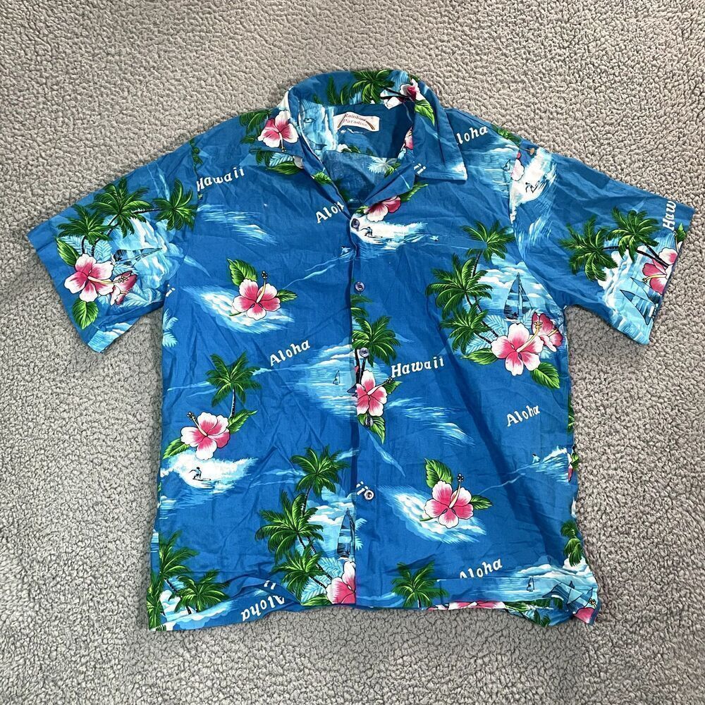 Rainbow Paradise Hawaiian Button Up Shirt Men's Aloha Blue Short Sleev Medium